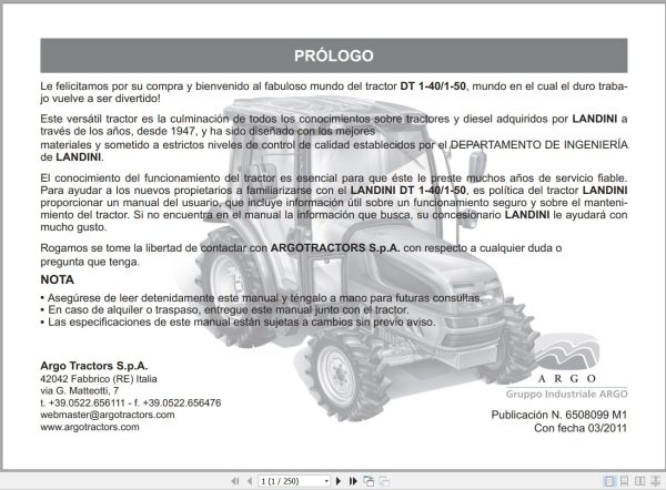 Landini Tractor DT 1 40 DT 1 50 Operators Maintenance Manual 6508099M1 ES 1