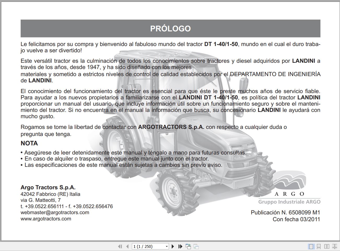 Landini Tractor DT 1 40 DT 1 50 Operators Maintenance Manual 6508099M1 ES 1