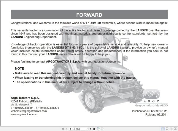 Landini Tractor DT 1 40 DT 1 50 Operators Maintenance Manual 6509097M1 EN 1