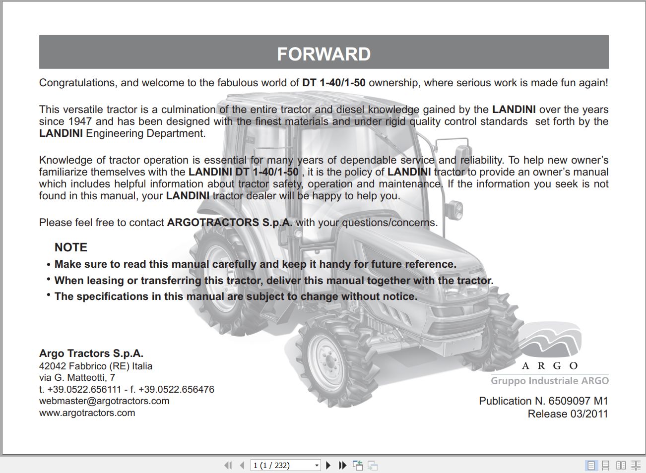 Landini Tractor DT 1 40 DT 1 50 Operators Maintenance Manual 6509097M1 EN 1