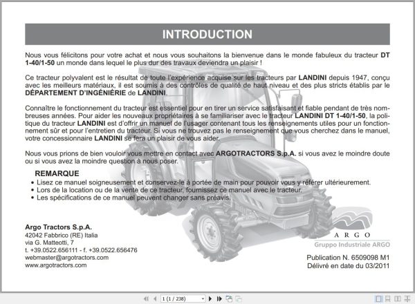 Landini Tractor DT 1 40 DT 1 50 Operators Maintenance Manual 6509098M1 FR 1