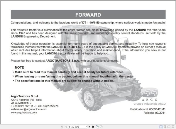 Landini Tractor DT 1 40 DT 1 50 Operators Maintenance Manual 6509142M1 EN 1