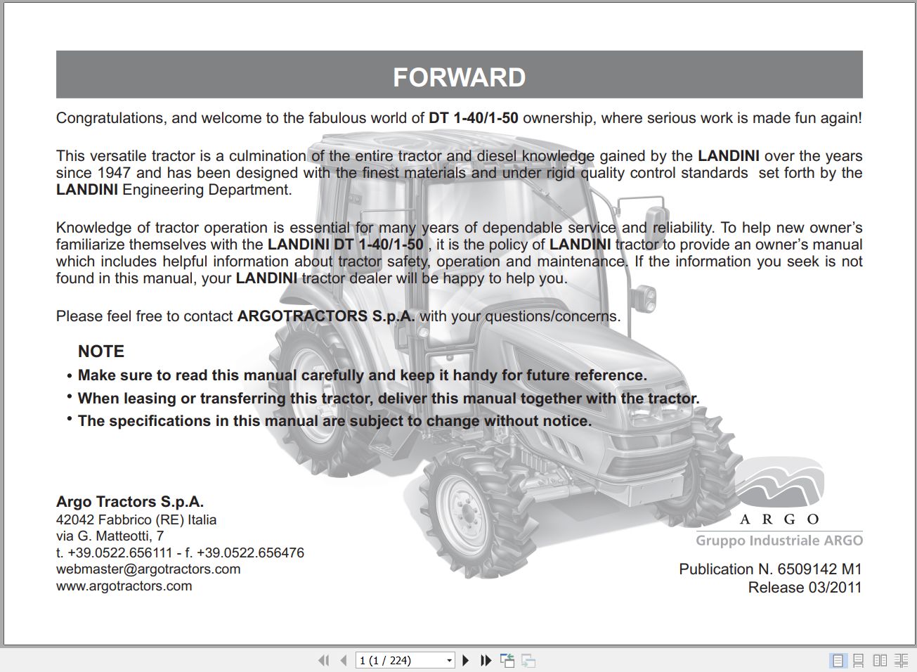 Landini Tractor DT 1 40 DT 1 50 Operators Maintenance Manual 6509142M1 EN 1