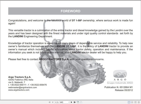 Landini Tractor DT 1 50F Operators Maintenance Manual 6512664M1 EN 1