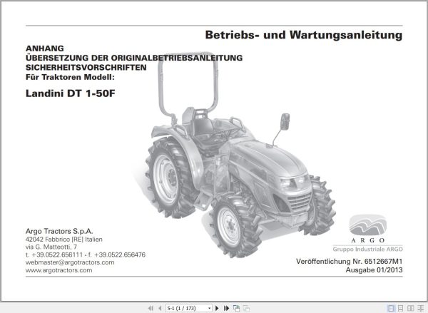 Landini Tractor DT 1 50F Operators Maintenance Manual 6512667M1 DE 1