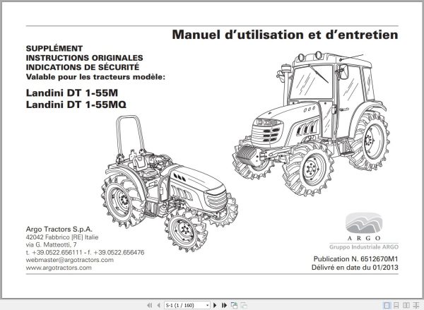 Landini Tractor DT 1 55M 1 55MQ Operators Maintenance Manual 6512670M1 FR 1