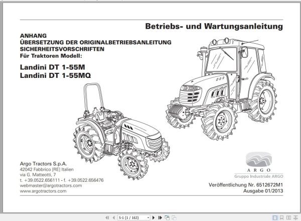 Landini Tractor DT 1 55M 1 55MQ Operators Maintenance Manual 6512672M1 DE 1