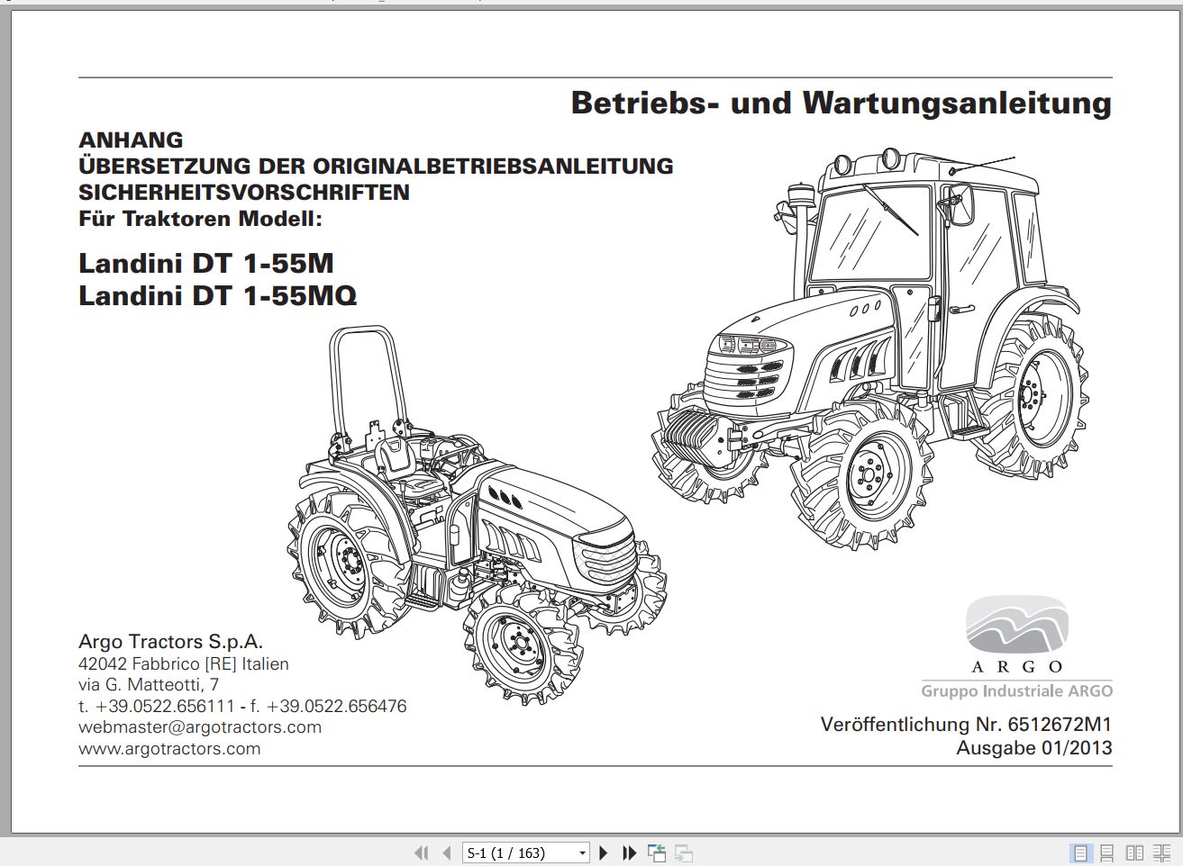 Landini Tractor DT 1 55M 1 55MQ Operators Maintenance Manual 6512672M1 DE 1