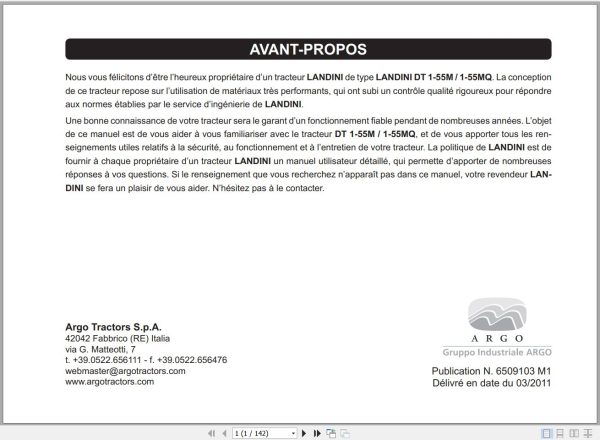Landini Tractor DT 1 55M DT 1 55MQ Operators Maintenance Manual 6509103M1 FR 1