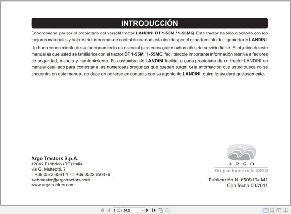 Landini Tractor DT 1 55M DT 1 55MQ Operators Maintenance Manual 6509104M1 ES 1