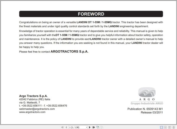 Landini Tractor DT 1 55M DT 1 55MQ Operators Maintenance Manual 6509143M1 EN 1