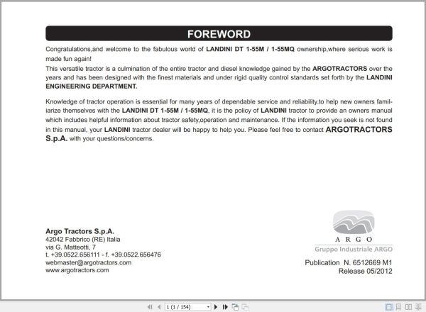 Landini Tractor DT 1 55M DT 1 55MQ Operators Maintenance Manual 6512669M1 EN 1
