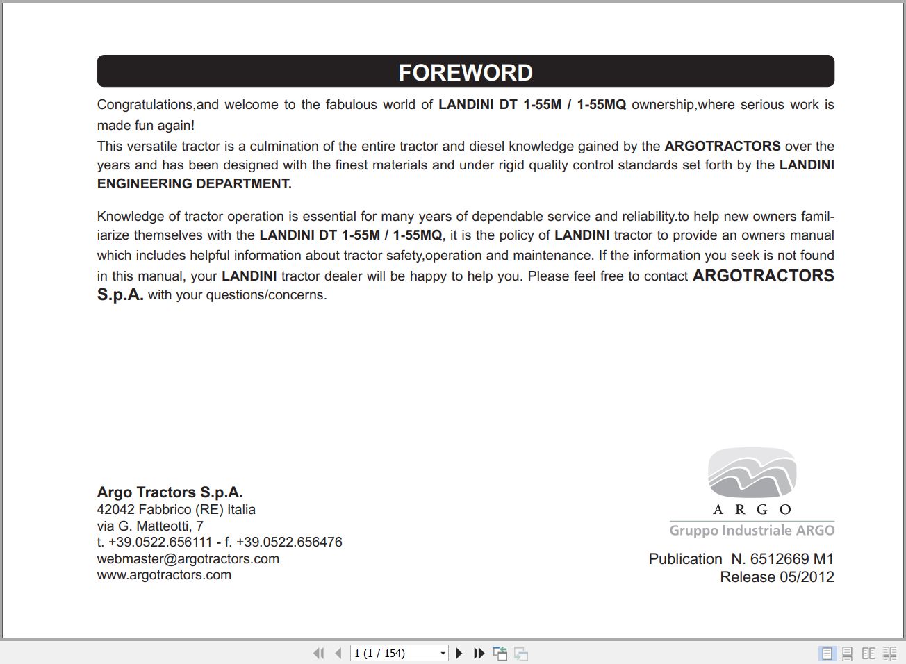Landini Tractor DT 1 55M DT 1 55MQ Operators Maintenance Manual 6512669M1 EN 1