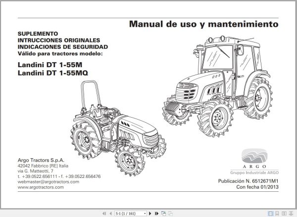 Landini Tractor DT 1 55M DT 1 55MQ Operators Maintenance Manual 6512671M1 ES 1