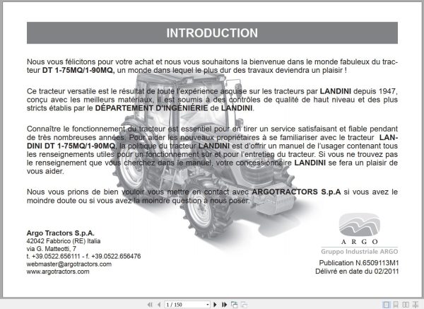 Landini Tractor DT 1 75MQ DT 1 90MQ Operators Maintenance Manual 6509113M1 FR 1