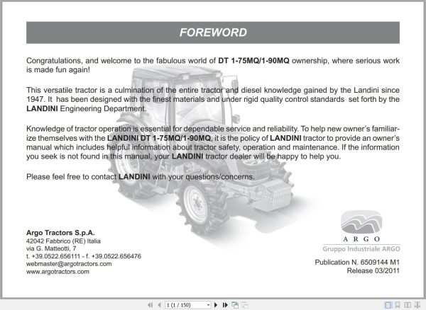Landini Tractor DT 1 75MQ DT 1 90MQ Operators Maintenance Manual 6509144M1 EN 1