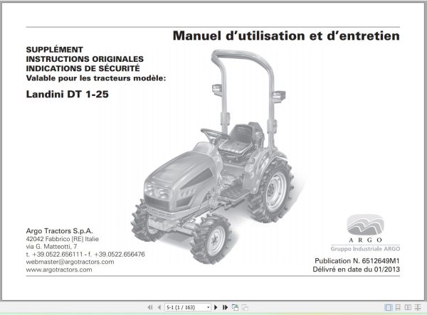 Landini Tractor DT1 25 Operators Maintenance Manual 6512649M1 FR 1