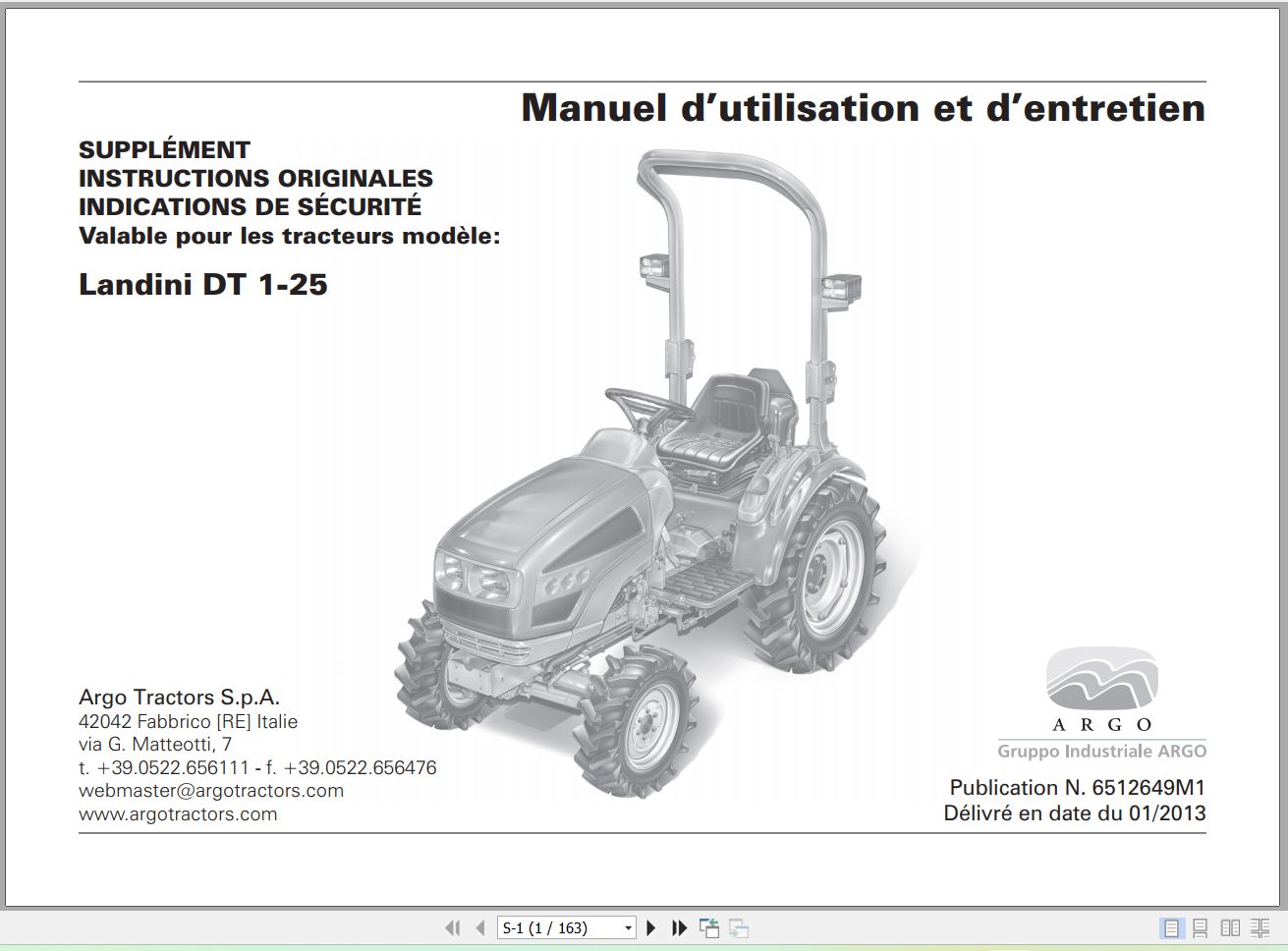 Landini Tractor DT1 25 Operators Maintenance Manual 6512649M1 FR 1