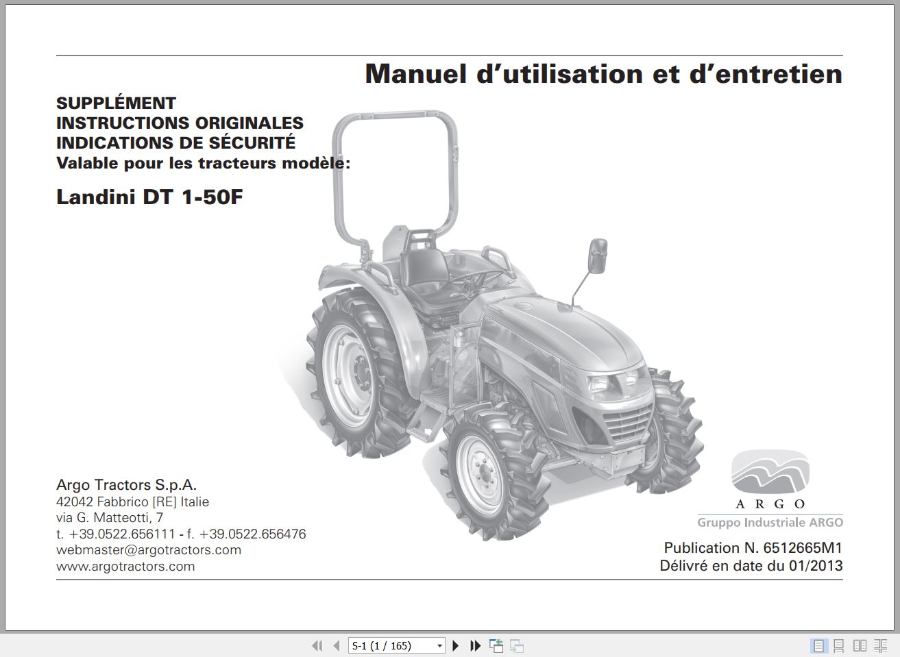Landini Tractor DT1 50F Operators Maintenance Manual 6512665M1 FR 1