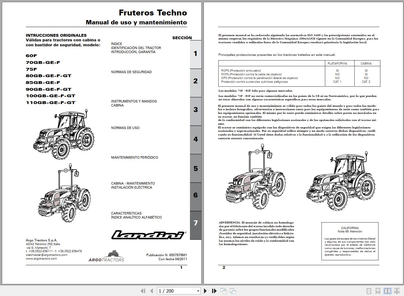 Landini Tractor Fruteros 60F Techno to 110GT Techno Operators Maintenance Manual 6507979M1 ES 1
