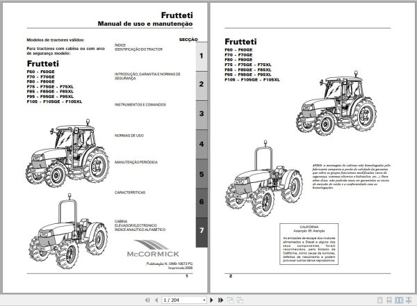 Landini Tractor Frutteti F60 to F105XL Operators Maintenance Manual OM9 10673PG PT 1