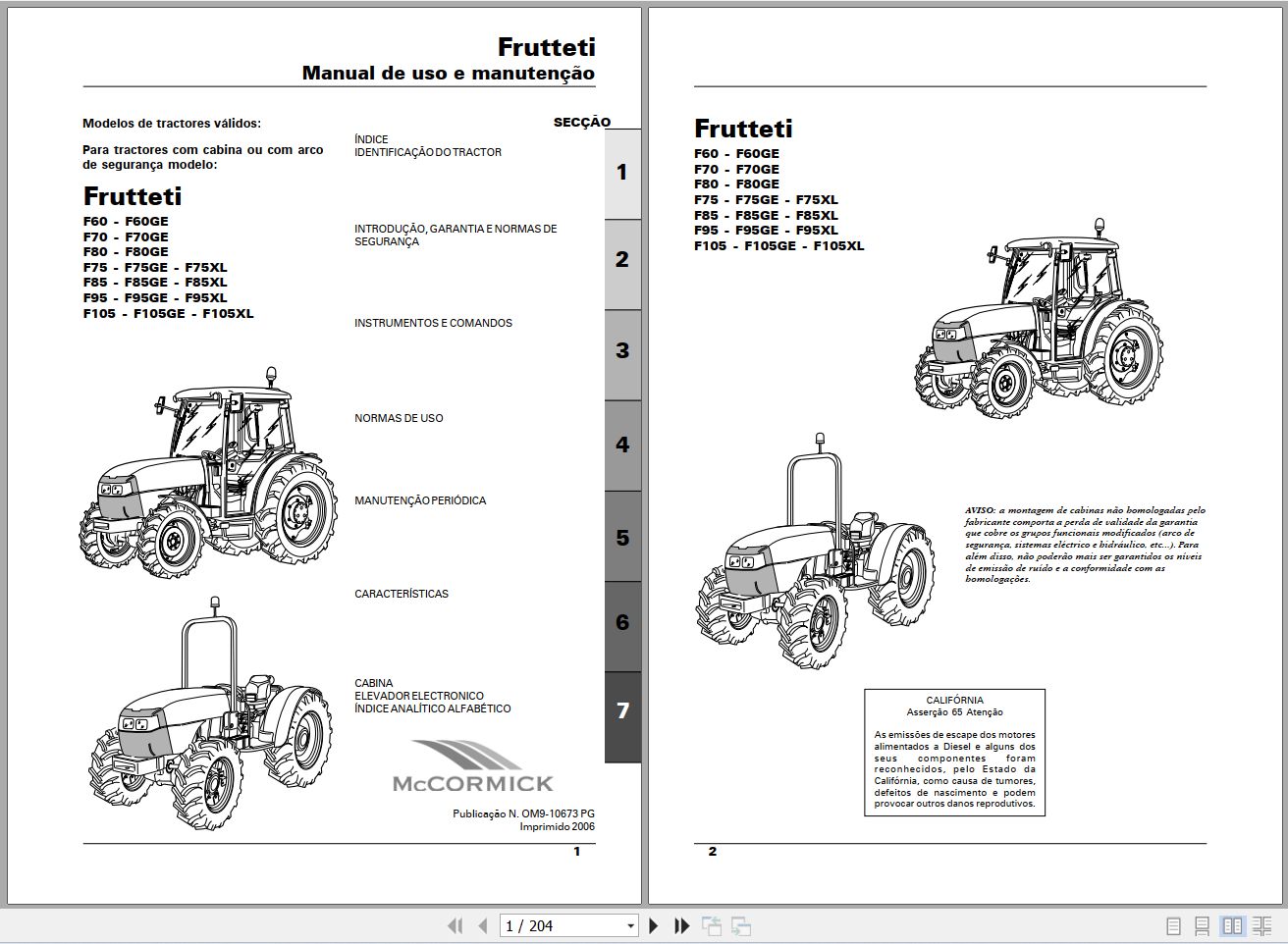 Landini Tractor Frutteti F60 to F105XL Operators Maintenance Manual OM9 10673PG PT 1