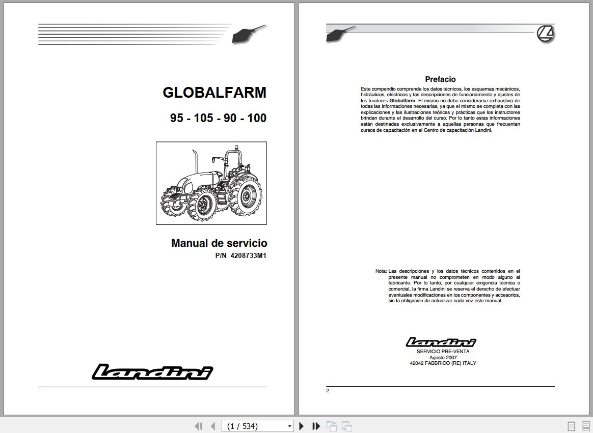 Landini Tractor GLOBALFARM 90 95 100 105 Service Manual 4208733M1 ES 1