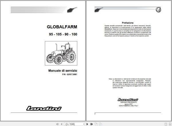 Landini Tractor GLOBALFARM 95 100 Service Manual 4208730M1 IT 1