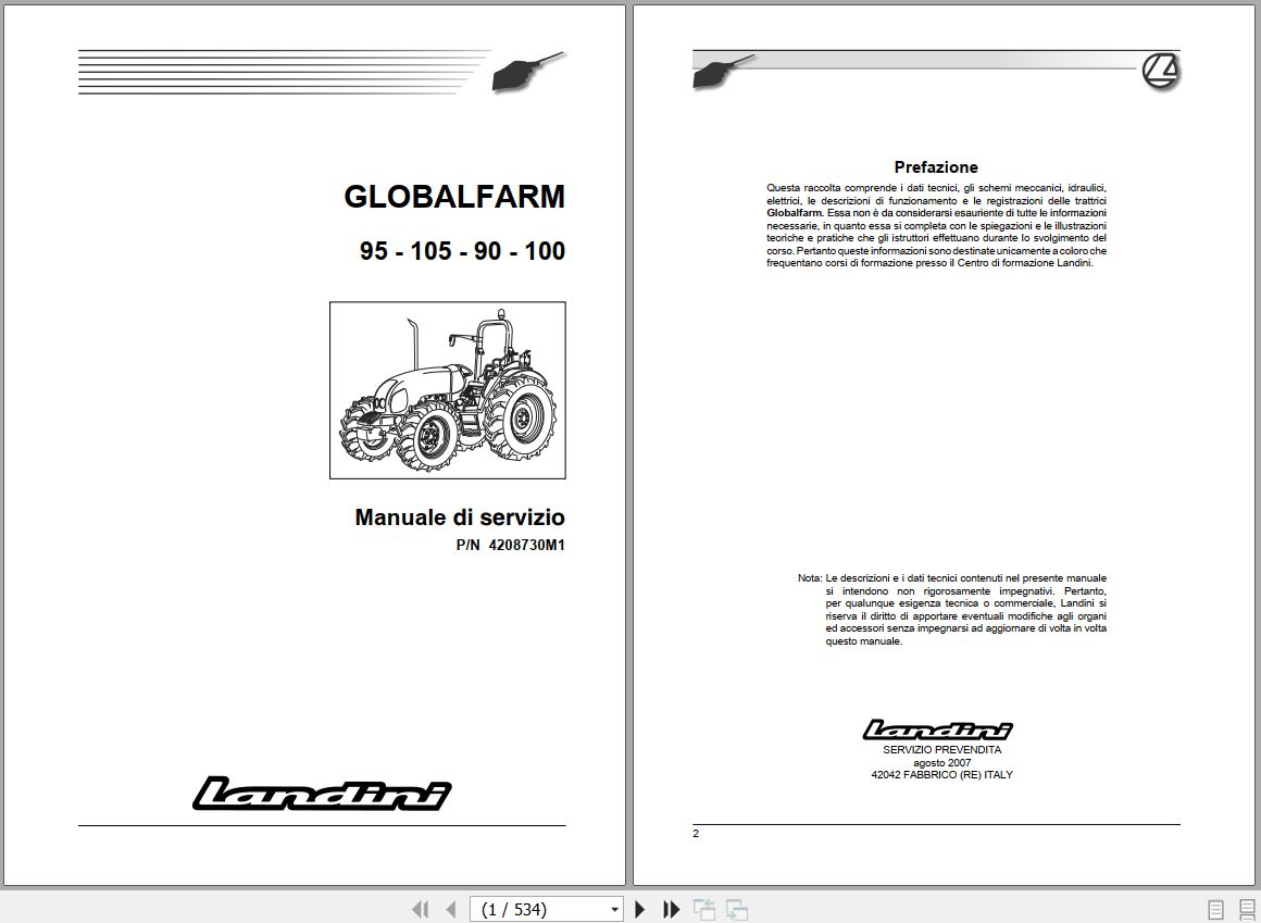 Landini Tractor GLOBALFARM 95 100 Service Manual 4208730M1 IT 1