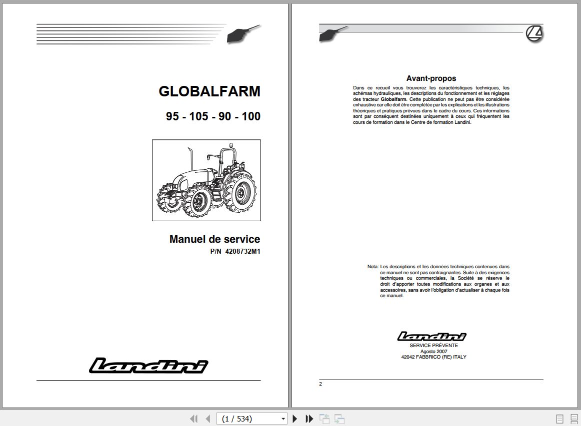 Landini Tractor GLOBALFARM 95 105 90 100 Service Manual 4208732M1 FR 1