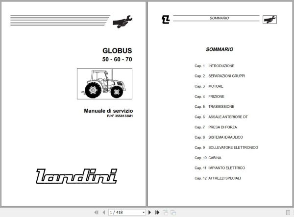 Landini Tractor GLOBUS 50 60 70 Service Manual 3558133M1 IT 1