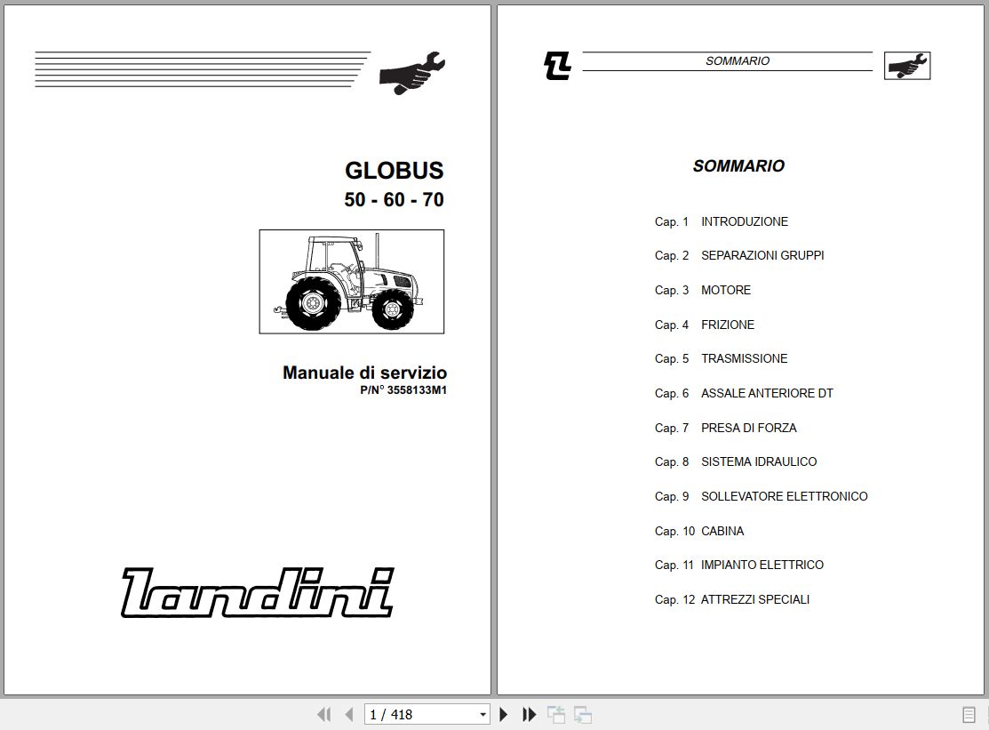 Landini Tractor GLOBUS 50 60 70 Service Manual 3558133M1 IT 1