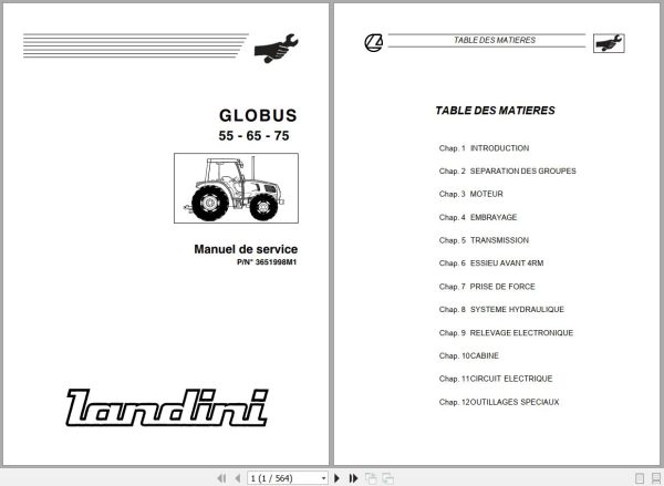 Landini Tractor GLOBUS 55 65 75 Service Manual 3651998M1 FR 1