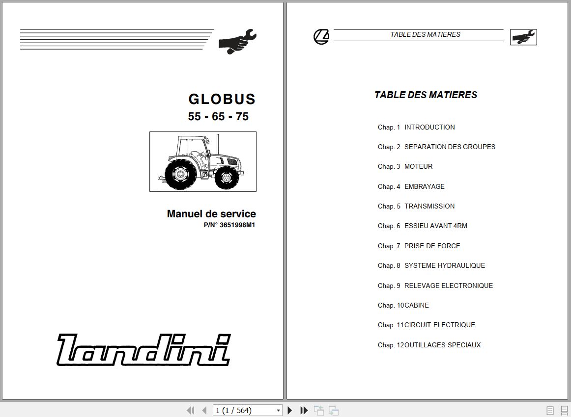 Landini Tractor GLOBUS 55 65 75 Service Manual 3651998M1 FR 1