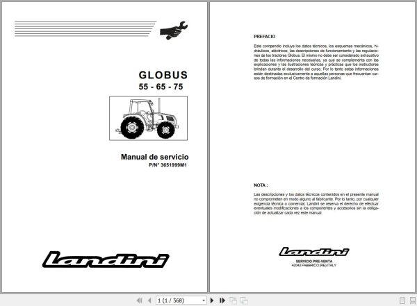 Landini Tractor GLOBUS 55 65 75 Service Manual 3651999M1 ES 1