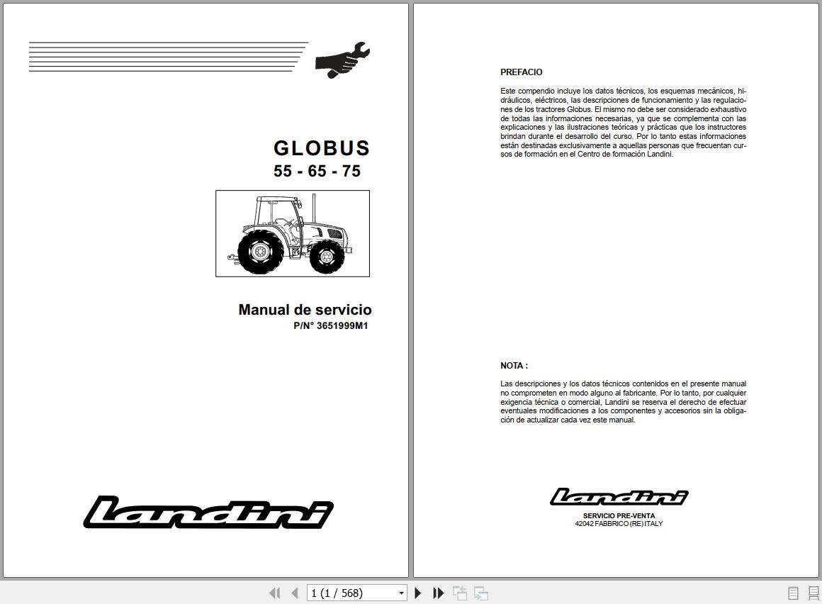 Landini Tractor GLOBUS 55 65 75 Service Manual 3651999M1 ES 1