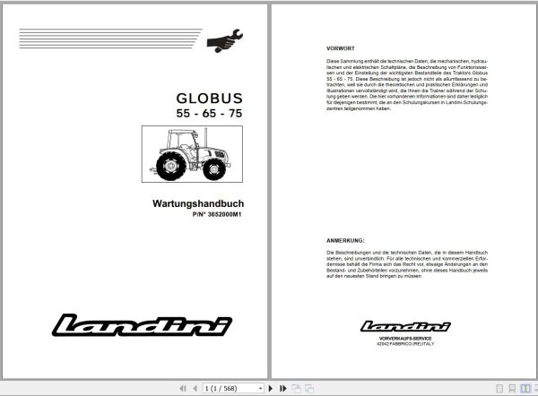 Landini Tractor GLOBUS 55 65 75 Service Manual 3652000M1 DE 1