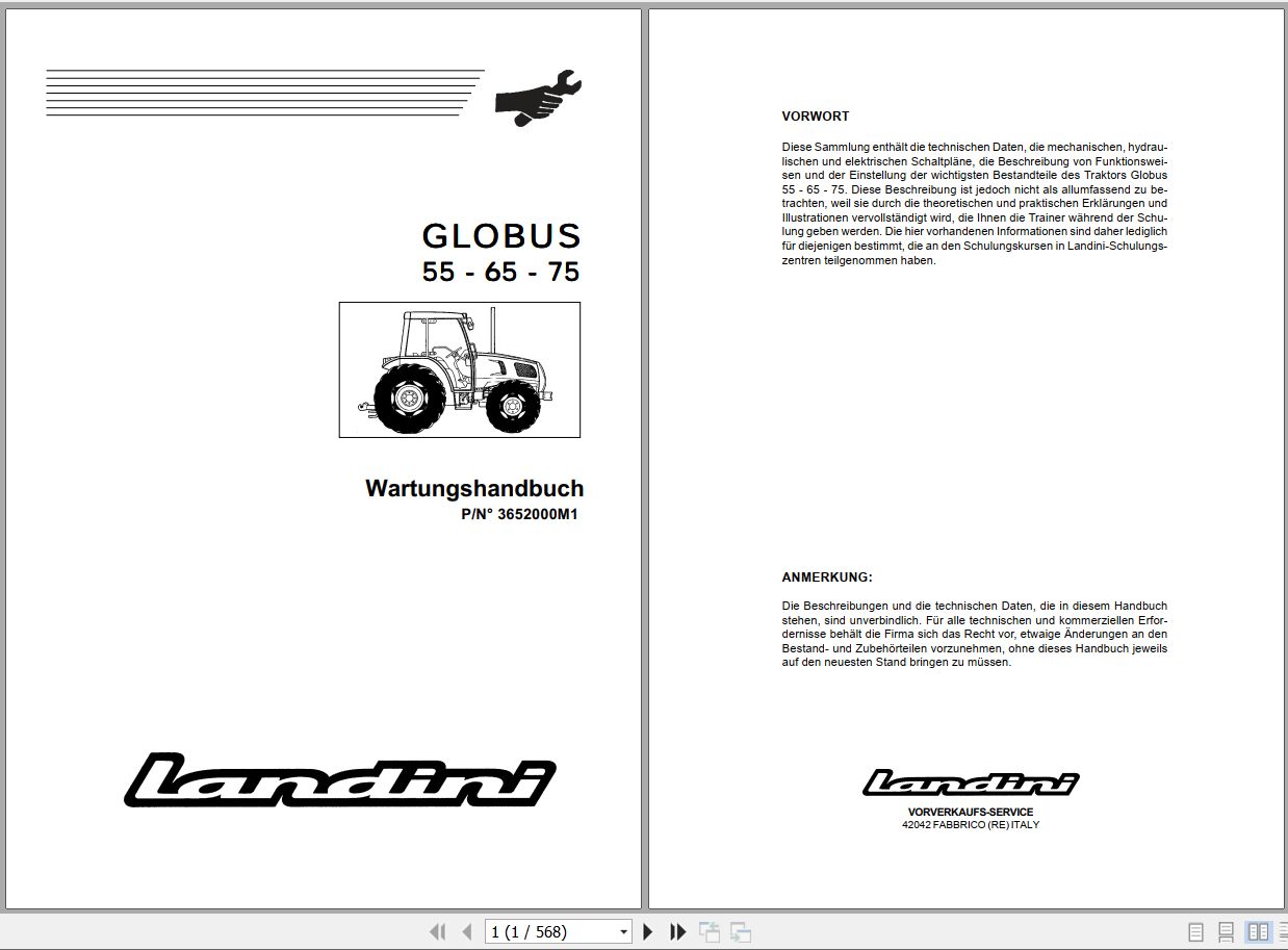 Landini Tractor GLOBUS 55 65 75 Service Manual 3652000M1 DE 1