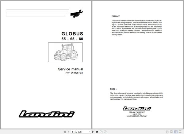 Landini Tractor GLOBUS 55 65 80 Service Manual 3651997M2 EN 1