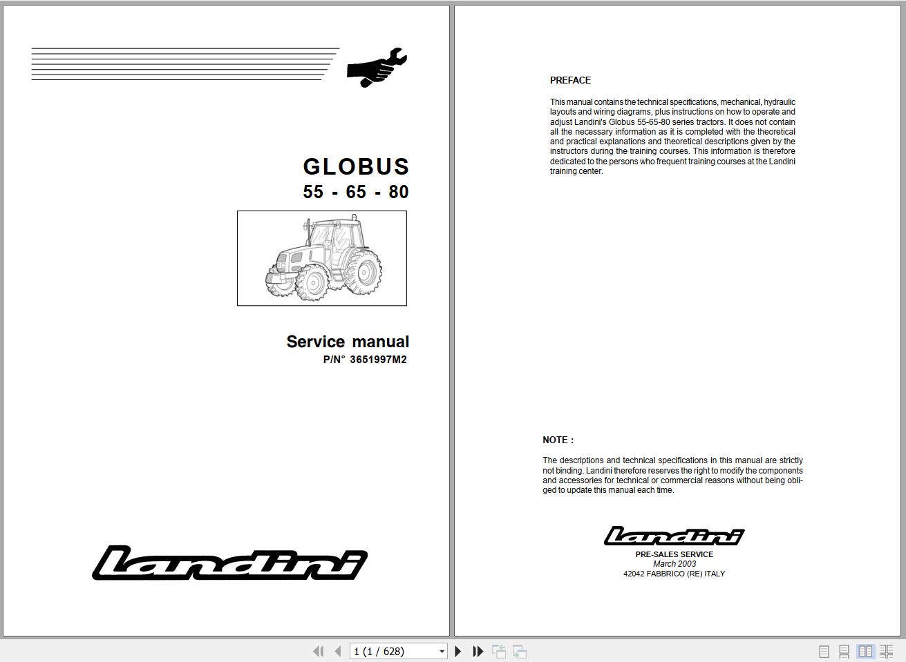 Landini Tractor GLOBUS 55 65 80 Service Manual 3651997M2 EN 1