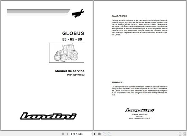 Landini Tractor GLOBUS 55 65 80 Service Manual 3651998M2 FR 1