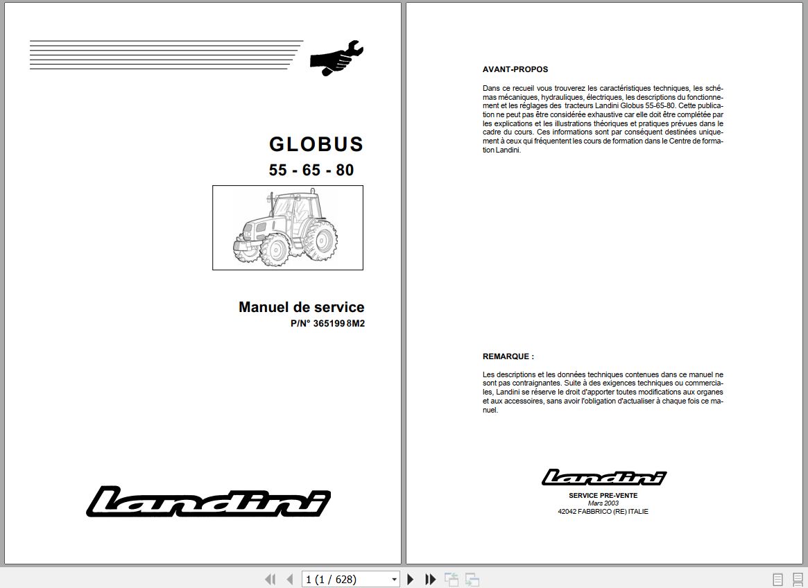 Landini Tractor GLOBUS 55 65 80 Service Manual 3651998M2 FR 1