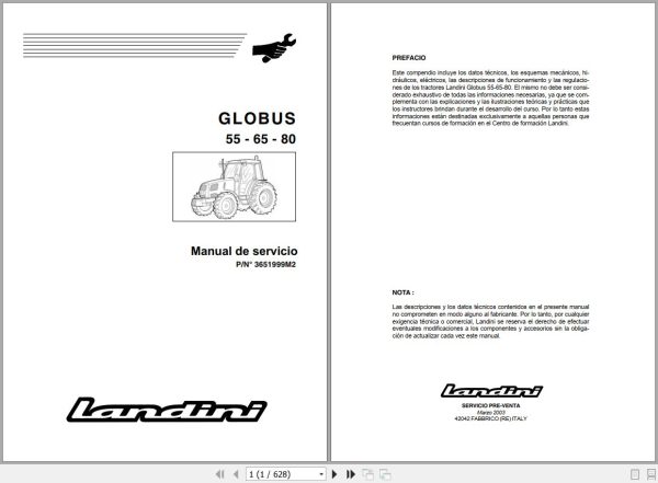 Landini Tractor GLOBUS 55 65 80 Service Manual 3651999M2 ES 1