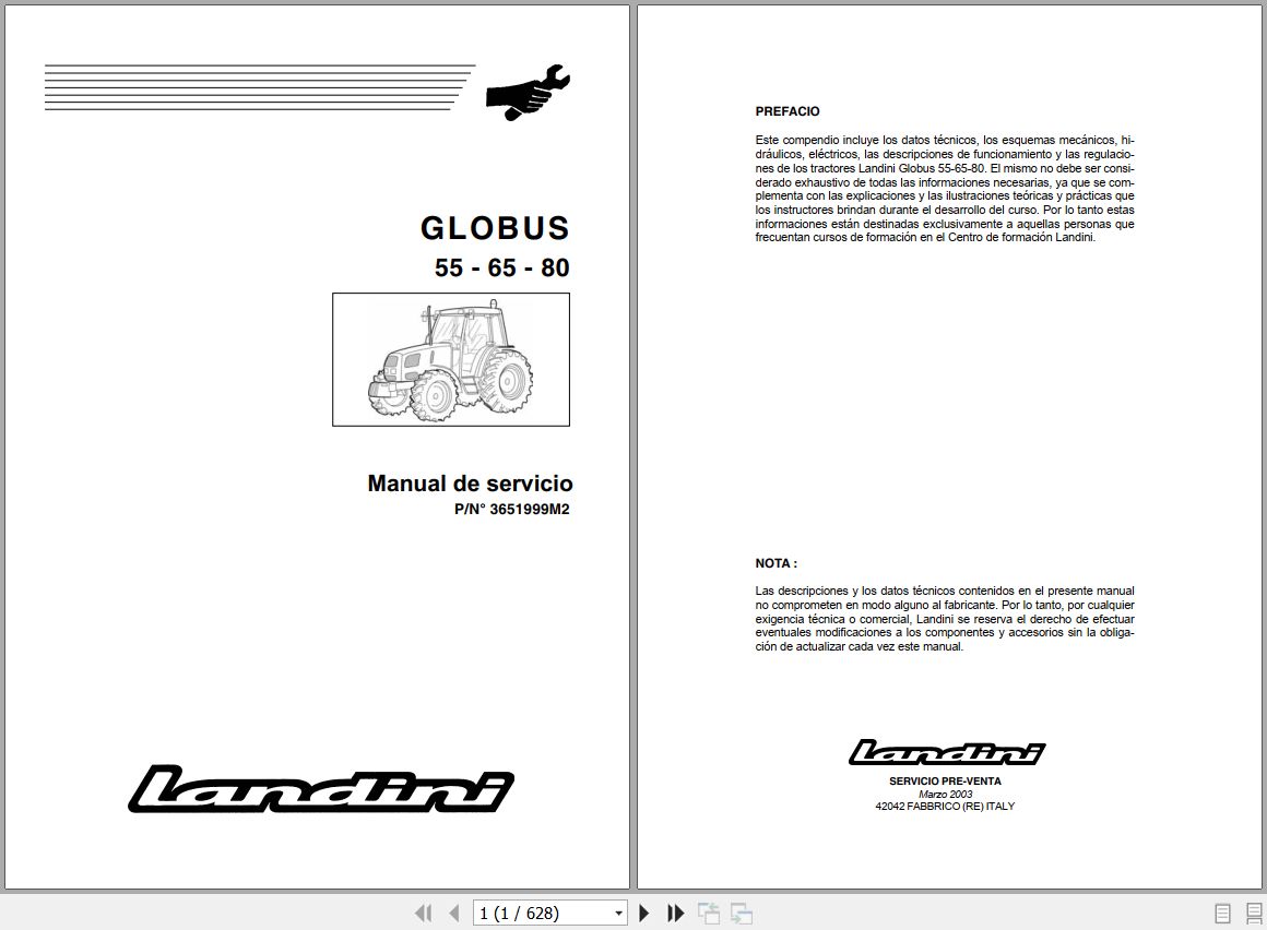 Landini Tractor GLOBUS 55 65 80 Service Manual 3651999M2 ES 1