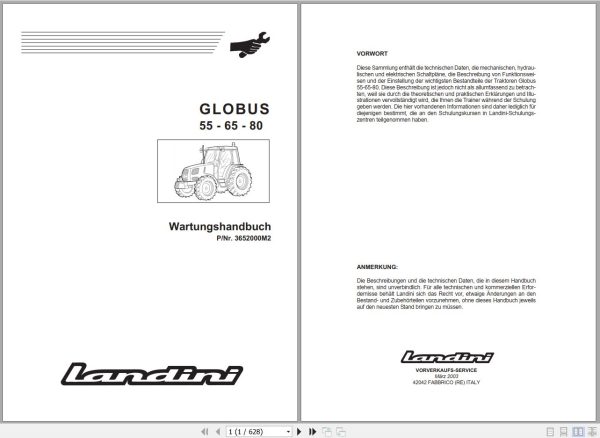 Landini Tractor GLOBUS 55 65 80 Service Manual 3652000M2 DE 1