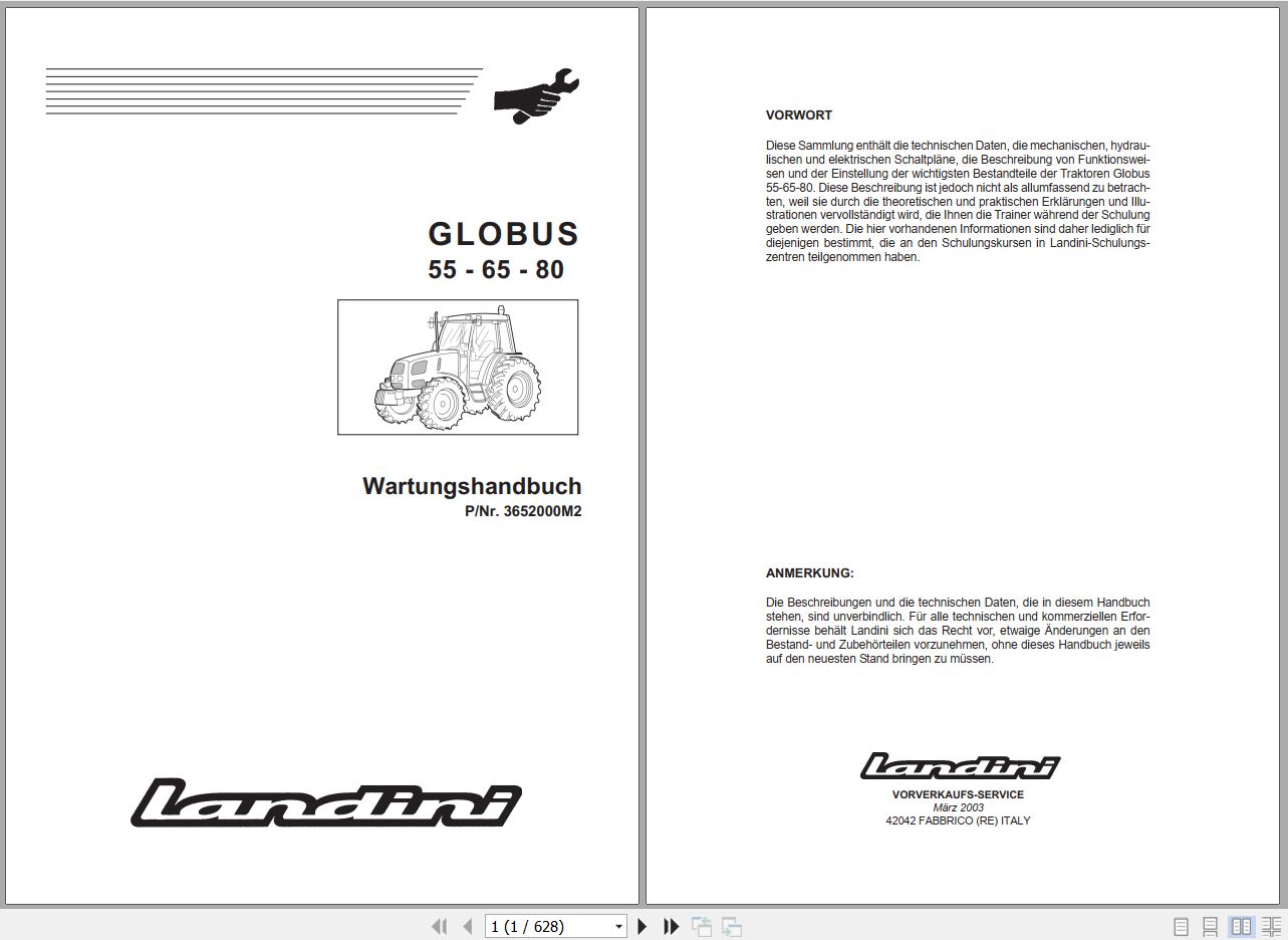 Landini Tractor GLOBUS 55 65 80 Service Manual 3652000M2 DE 1