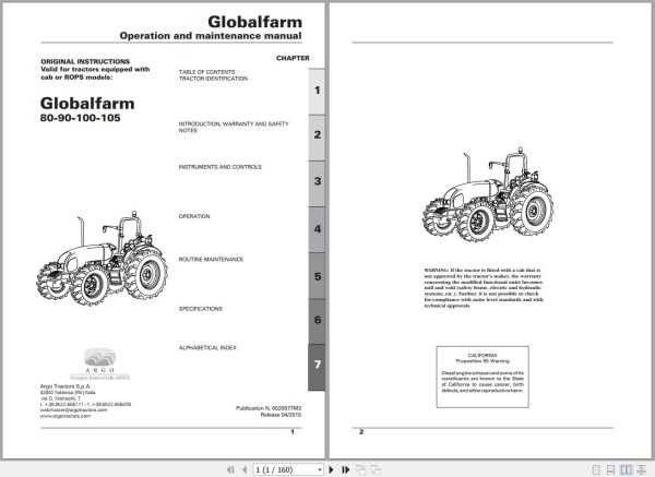 Landini Tractor Globafarm 80 105 Operators Maintenance Manual 6520977M2 EN 1