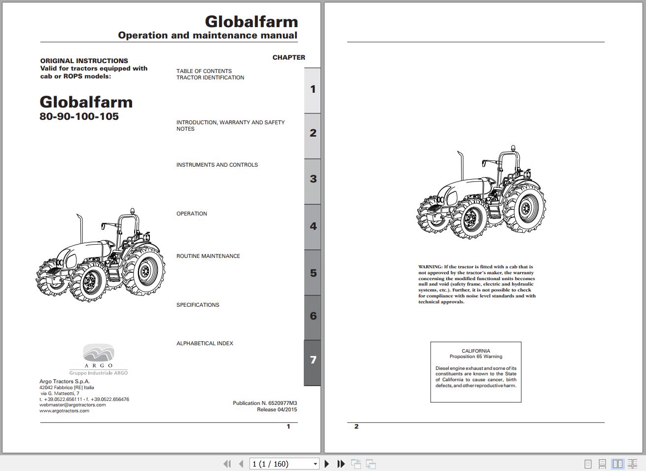 Landini Tractor Globafarm 80 105 Operators Maintenance Manual 6520977M2 EN 1