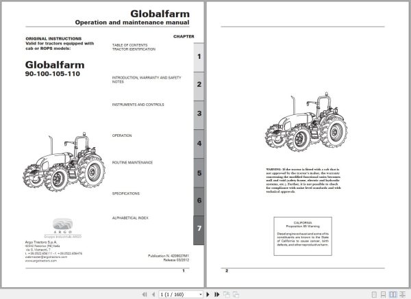Landini Tractor Globafarm 90 110 Operators Maintenance Manual 4209027M1 EN 1