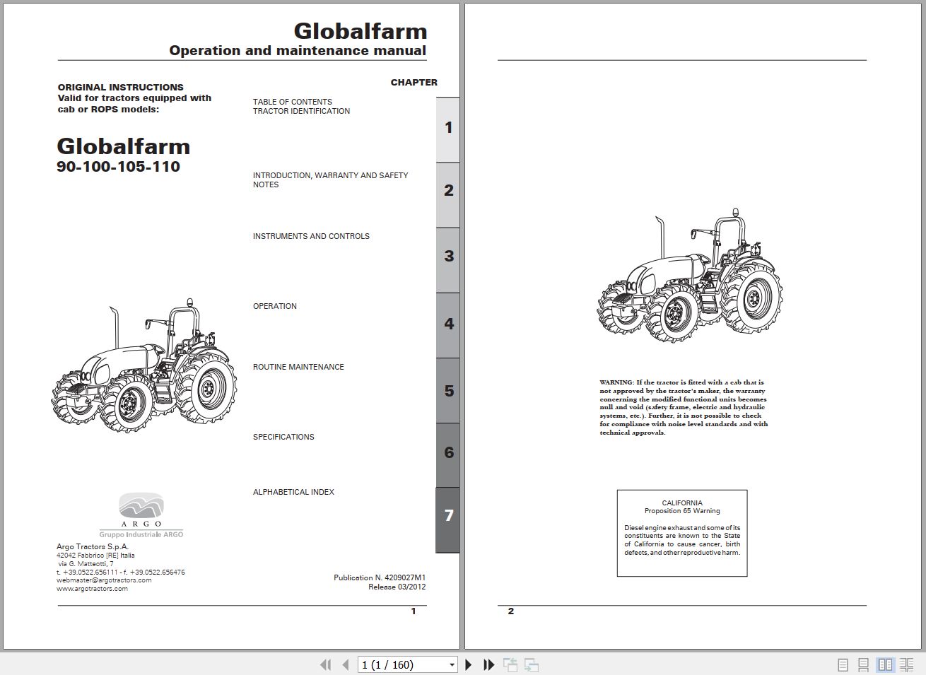 Landini Tractor Globafarm 90 110 Operators Maintenance Manual 4209027M1 EN 1